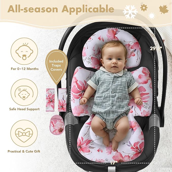 Infant Car Seat Insert, 2-in-1 Head & Body Carseat Support for Baby Newborn Toddler with Strap Covers, Reversible Ultra-Soft Cushion for Baby Carseat, Stroller, Swing & Bouncer-BubblyBeeBaby
