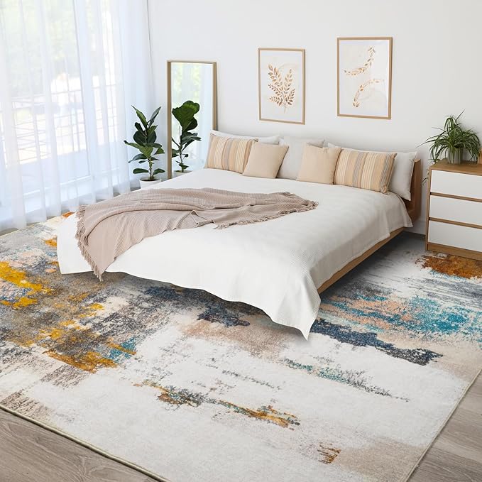 Kelarea Living Room Rug, 5x7 Rug Modern Abstract Washable Rugs Grey Faux Wool Vintage Carpets, Non Slip Rug for Bedroom, Dining Room, College Dorm, Kids Playroom, Home Office-BubblyBeeBaby