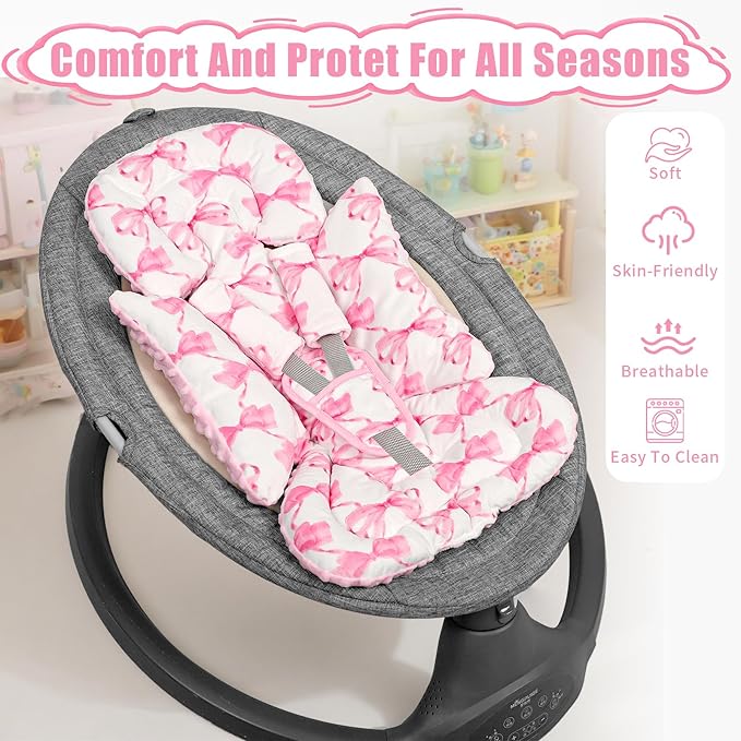 Infant Car Seat Insert, Soft Baby Car Seat Head & Body Support for Girl Boy, Reversible Newborn Preemie Carseat Insert Cushion with 3 Straps Pads, Fits Car Seat, Stroller, Swing, Bouncer, Pink Bow-BubblyBeeBaby
