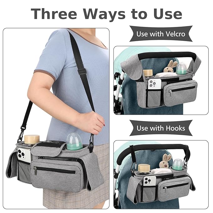 Accmor Universal Stroller Organizer with Insulated Cup Holder Detachable Phone Bag and Shoulder Strap,Stroller Bag Caddy Organizer Fits for Uppababy, Baby Jogger, Britax Strollers-BubblyBeeBaby