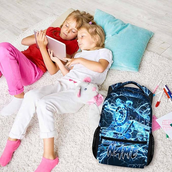 Kids Backpack for Boys, Personalized Train Schoolbag Casual Bag for Primary Senior Middle, 17 Inch Lightweight Durable Custom Lightning Backpacks, Cool Back to School Gift-BubblyBeeBaby