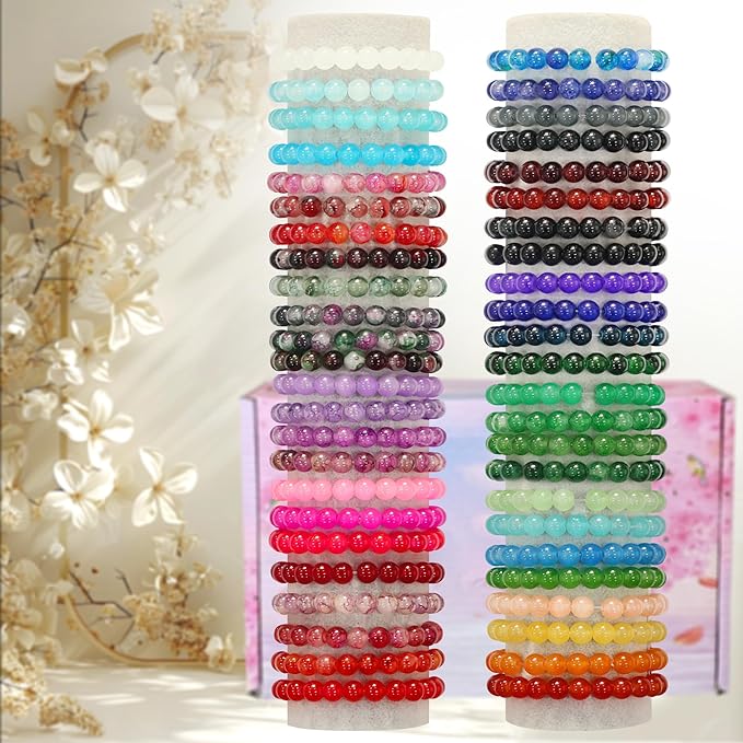 JULIMAIDONG 8mm Glass Beads for Bracelets 2100pcs, 48 Colors Round Crystal Glass Bracelet Making Kit for Jewelry Making Kits Bead DIY Crafts with Spacer Charms Accessories (48Color(Solid+Printing)-BubblyBeeBaby