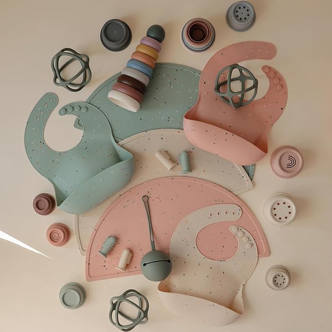 mushie Silicone Baby Bib | Adjustable Fit Waterproof Bibs (Vanilla Confetti)-BubblyBeeBaby