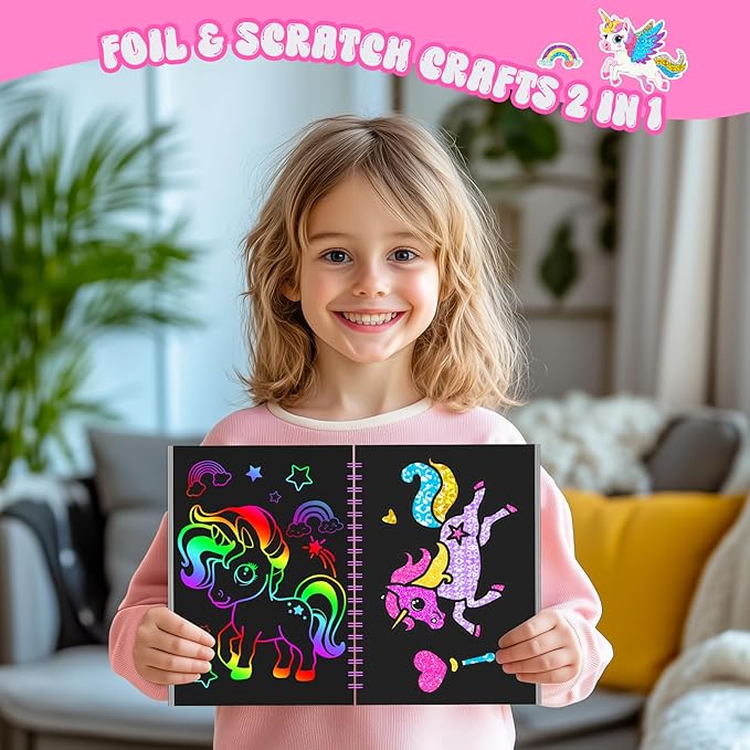 homicozy Art & Craft Activity for Kids: Foil Fun Unicorns and Princess & Scratch Art Book 2-in-1,No Mess Art Crafts for Girls,DIY Creative Activity Kit,Gifts for Girls Ages 4,5,6,7,8,9, Travel Toys-BubblyBeeBaby