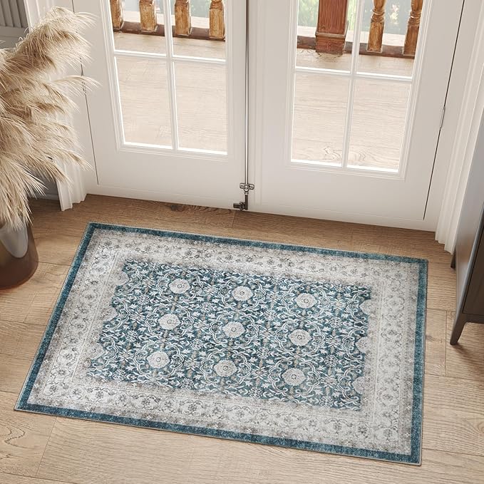 jinchan Floral 2x3 Rugs for Entryway - Machine Washable Dark Blue Vintage Distressed Boho Design Soft Faux Wool Small Non-Slip Doormat for Entrance Kitchen Living Room Bedroom (2‘x3',Dark Blue)-BubblyBeeBaby