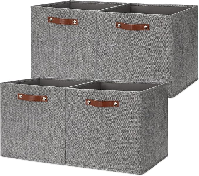 HNZIGE Fabric Storage Cubes Bins Baskets for Shelves Set of 4 Baskets, 13 Inch Storage Bins with Handles, Foldable Storage Cube Organizer Bins Organizing Home Nursery (Gray)-BubblyBeeBaby