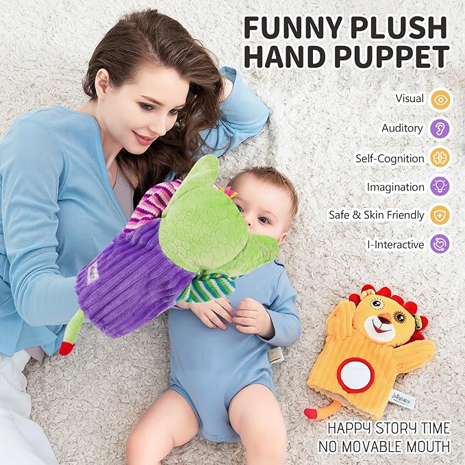 Jollybaby Hand Puppets Baby Toy 0-6-12 Months, Plush Stuffed Animal Hand Puppets Toys for Kids，Sensory Doll with Rattle and Mirror for Toddler，Social Emotional Play Therapy Toys for Boy Girl Gift-BubblyBeeBaby