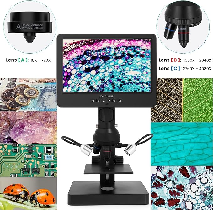 JL249PS 3 Lenses 10 Inch HDMI LCD Digital Microscope, UHD 4000× 24MP Biological Microscope with Prepared Slides, Coin Microscope for Full-Size Coins Error Coins, PC/TV Compatible, 32G Card-BubblyBeeBaby