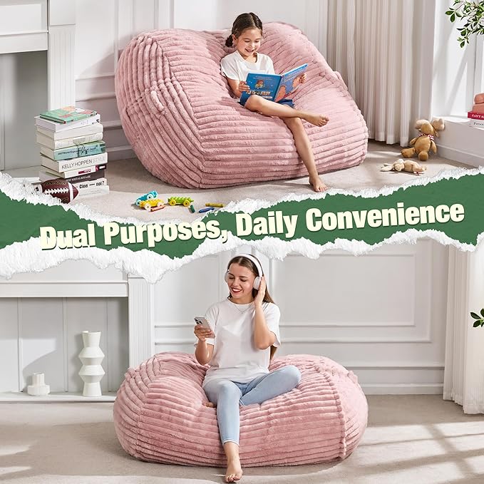 Hobestluk 3FT Bean Bag Chairs Adult Bean Bag with Portable Handle Comfy Large Bean Bag Chair with Removable Cover for Living Room Bedroom or Reading Nook (Stripe Pink, 3FT)-BubblyBeeBaby
