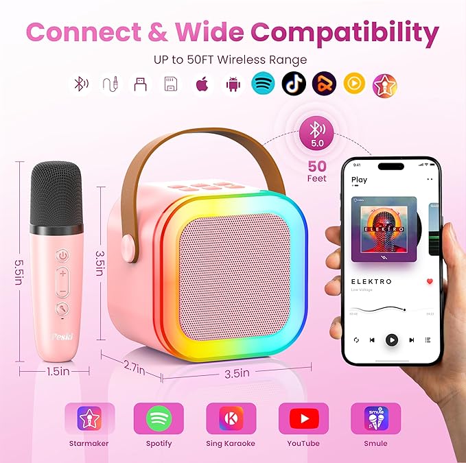 Karaoke Machine for Kids Adults, Portable Bluetooth Mini Karaoke Microphone Singing Speaker with 2 Mic and Light,Toys for All Smartphones,Birthday, Family,Home Party (Pink)-BubblyBeeBaby
