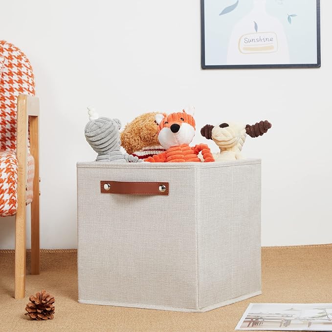 HNZIGE Foldable Storage Cubes Bins for Organizing, Set of 4, Fabric Cube Canvas Storage Bins 11 x11, Collapsible Bins for Organization with Handles for Shelf Nursery(Beige)-BubblyBeeBaby