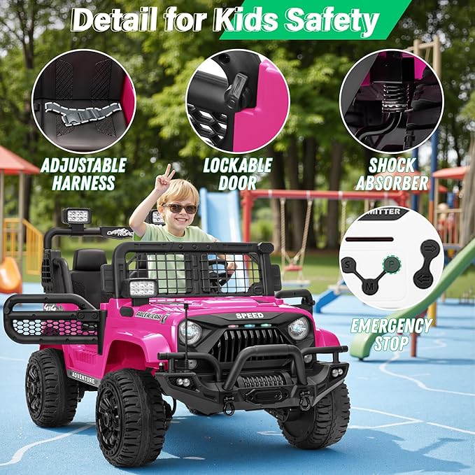 2 Seater Ride On Car Truck with Remote Control XL, Kids 24V Battery Powered Electric Vihicle w/21 in Seat, 3 Speeds, 2WD/4WD Switichable, Shock Absorbers,Bluetooth, Flower, Gift Choice-BubblyBeeBaby