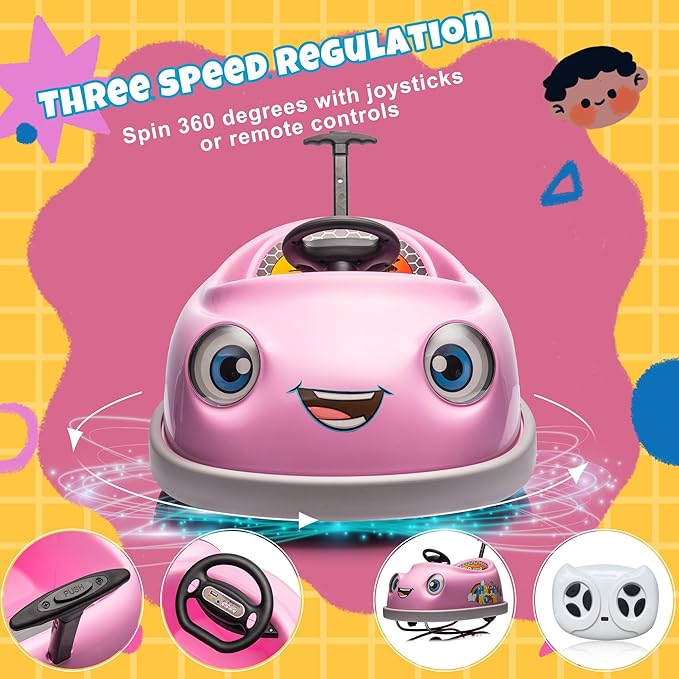 12V Dual Battery Electric Ride on Kids Bumper Car w/Remote Control,360 Degree Spin,Push Rod Rocker Horse Function,3-Speeds Babies & Toddlers Bumping Car Ride on Toy Gift for 1-4 Years Children (Pink)-BubblyBeeBaby