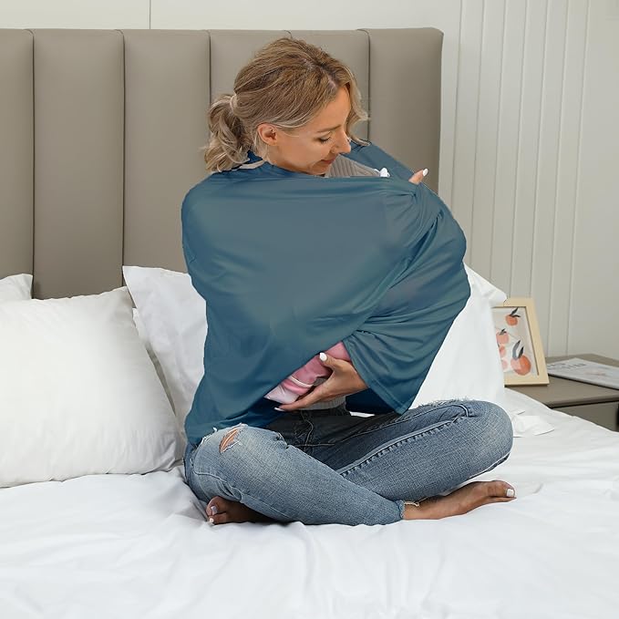 Breathable Car Seat Cover for Babies – Multi-Purpose Soft Rayon Nursing Cover for Breastfeeding, High Stretchy Infant Carseat Canopy, Stroller Cover (Smooth Rayon, Blue)-BubblyBeeBaby