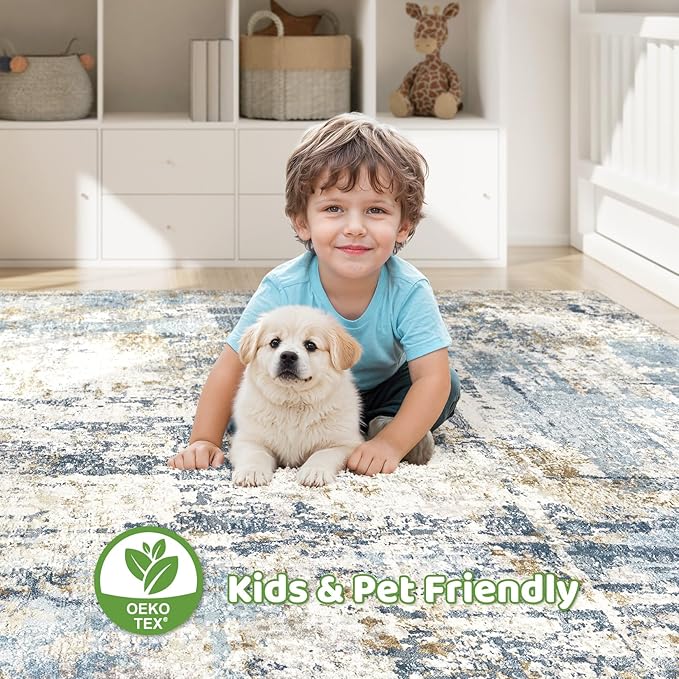 10x12 Area Rug Living Room: Washable Large Abstract Modern Soft Rugs Stain Resistant Indoor Floor Non Slip Accent Carpet for Bedroom Nursery Playroom Office Dining Room Dorm Home House- Light Blue-BubblyBeeBaby