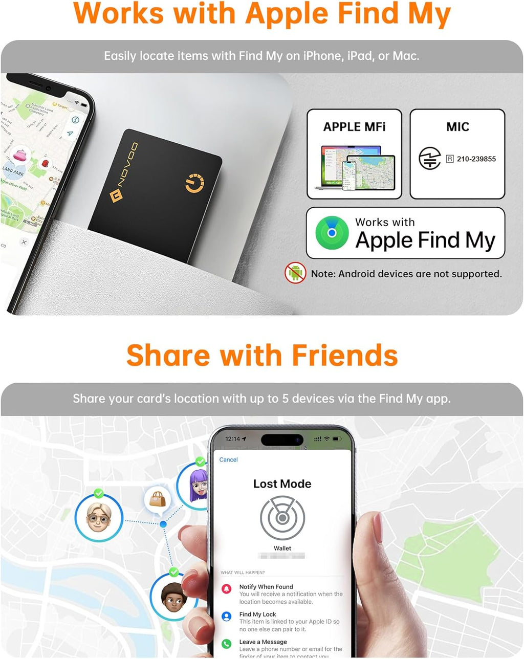 NOVOO Air Locator Tag (iOS Only) Wallet Tracker Card with Apple Find My, Smart Card Bluetooth Tracker, 6 Years Battery, IP68 Waterproof, Keys Finder and Item Locator for Keys, Bags, Passport(BK)