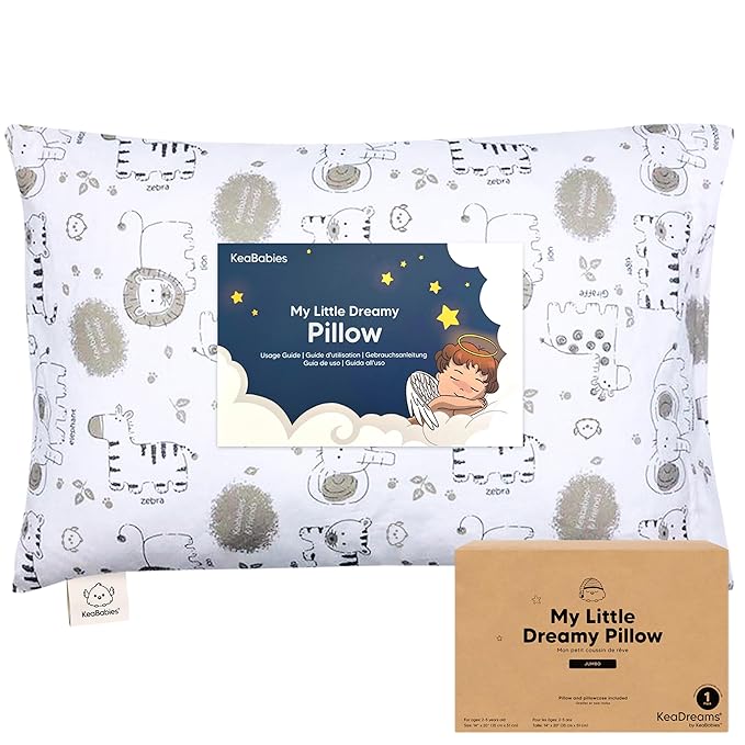 KeaBabies Toddler Pillow with Pillowcase, Jumbo 14X20 - Soft Organic Cotton Toddler Pillows for Sleeping - Machine Washable - Perfect for Travel, Toddler Bed Set (KeaSafari)-BubblyBeeBaby