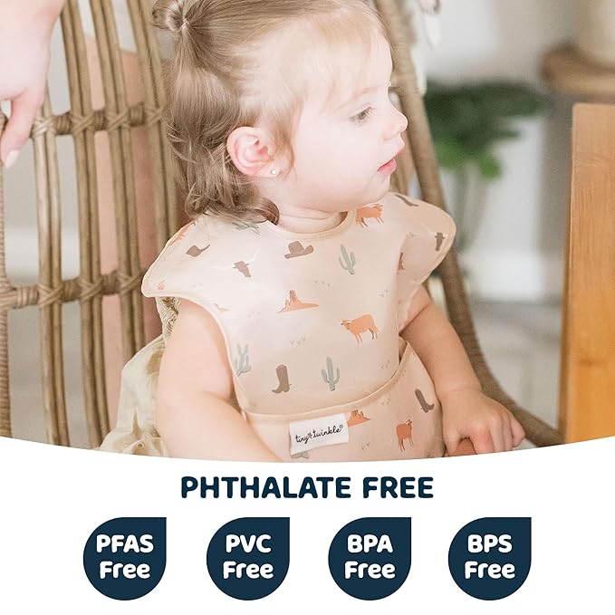 Tiny Twinkle Mess Proof Baby Bibs for Eating - Waterproof, Wipeable Bibs - Toddler Bibs - Travel Friendly - PFAS, PVC, BPA, Phthalate Free - Baby Food Bibs(3 Pack,Cowboy)-BubblyBeeBaby