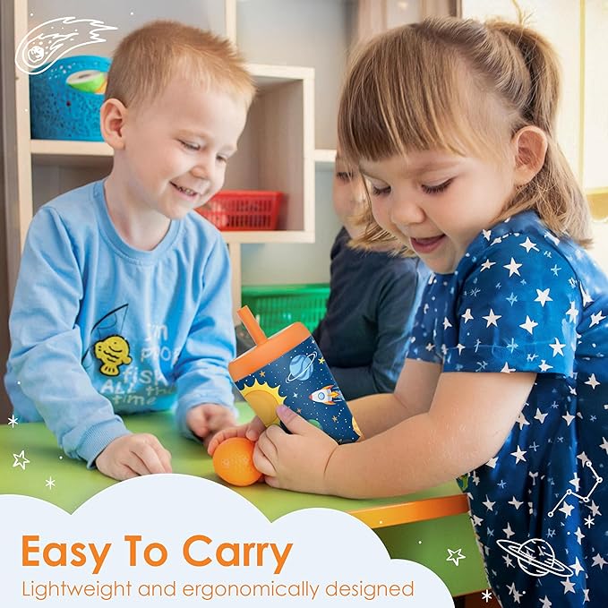 Kid Insulated Stainless Steel Tumbler with Silicone Straw, 12oz Sippy Cup for Kids (Outer Space)-BubblyBeeBaby