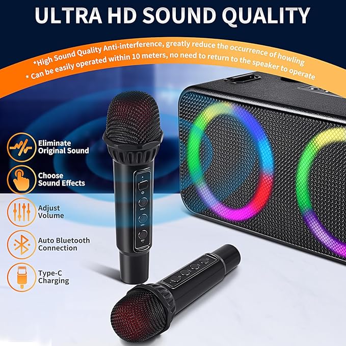 Karaoke Microphone Machines Kids Adults, Karaoke Machine Bluetooth Sound Effects, Bluetooth Wireless Speakers Kareokee Machine Light TF Card/USB Portable Home Party Outdoor/Indoor, Black-BubblyBeeBaby