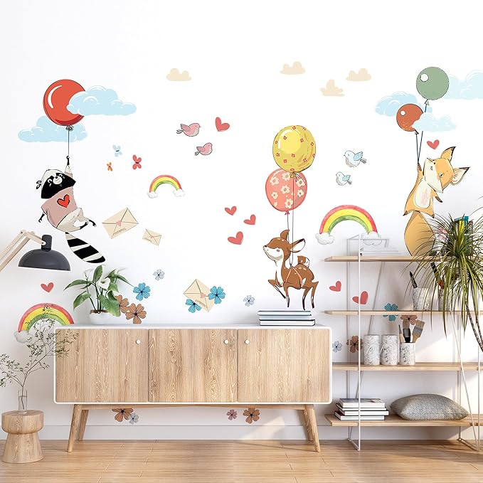 Hot Air Balloon Wall Decals by Lipastick - Peel and Stick Animal Stickers Raccoon, Fox, Koala, Panda for Kids Room, Nursery, Playroom, Bedroom - Playroom Wall Decals for Boys, Girls, Babies - M Size-BubblyBeeBaby