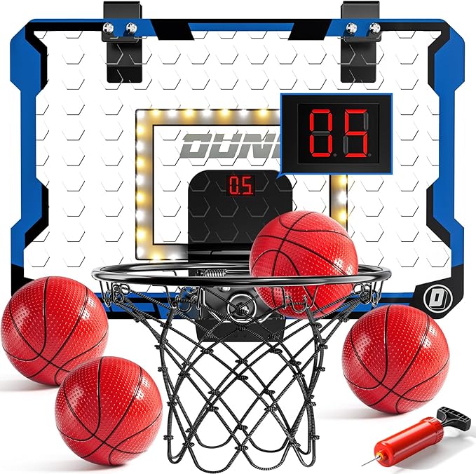 Indoor Basketball Hoop for Kids, Over The Door Mini Basketball Hoops, LED Light Mini Hoop with Scoreboard & 4 Balls, Kids Basketball Hoop Sport Toys Gifts for 5 6 7 8 9 10 11 12+Year Old Boys-BubblyBeeBaby