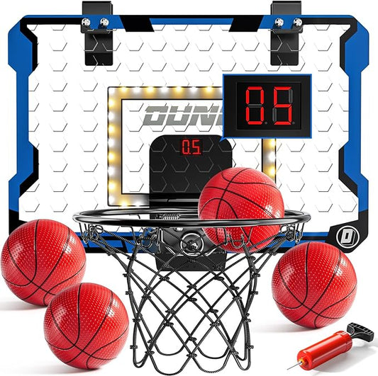 Indoor Basketball Hoop for Kids, Over The Door Mini Basketball Hoops, LED Light Mini Hoop with Scoreboard & 4 Balls, Kids Basketball Hoop Sport Toys Gifts for 5 6 7 8 9 10 11 12+Year Old Boys-BubblyBeeBaby
