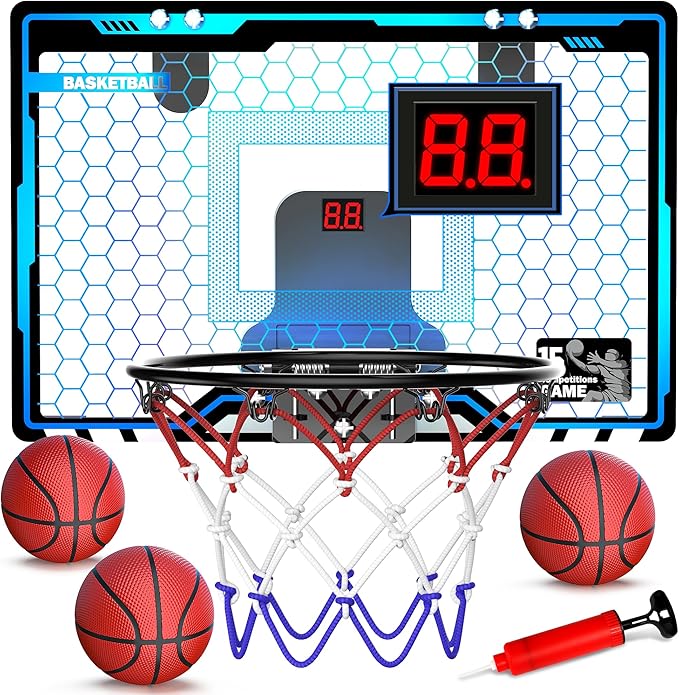 HopeRock Indoor Mini Basketball Hoop for Kids, Basketball Hoops Over The Door with LED Lighting, Mini Hoop with Scoreboard & 3 Balls, Basketball Toys Gifts for 5 6 7 8 9 10 11 12 Year Old Boys Girls-BubblyBeeBaby