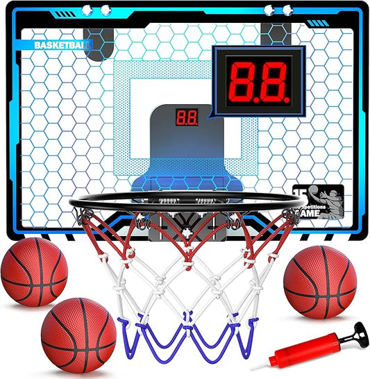 HopeRock Indoor Mini Basketball Hoop for Kids, Basketball Hoops Over The Door with LED Lighting, Mini Hoop with Scoreboard & 3 Balls, Basketball Toys Gifts for 5 6 7 8 9 10 11 12 Year Old Boys Girls-BubblyBeeBaby