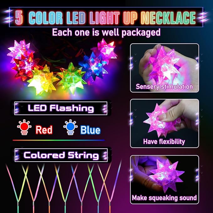 HONLYNE24 PCS Flashing Crystal Star Necklaces, Glow Necklaces Bulk Light up Party Favors, LED Glow in The Dark Necklaces for Kids Adults Birthday Glow Party Rave Halloween Goodie Bags Filler-BubblyBeeBaby