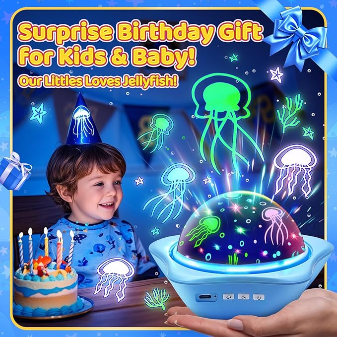 Jellyfish Baby Night Light Projector, Dinosaur+Jellyfish+Unicorn Night Light Projector, 96 Projection Options+USB Rechargeable Baby Sleeping Toys Baby Gifts,Jellyfish Lamp Baby Toys Baby Gifts Newborn-BubblyBeeBaby