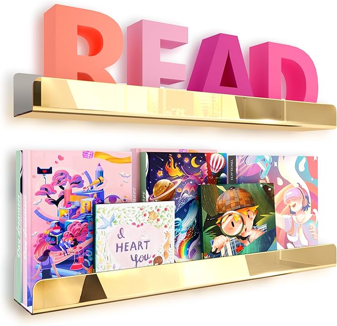 2 Pack 24 Inch Gold Reflective Acrylic Shelves, Gold Foating Shelves, Modern Sunglasses Essential Oil Picture Ledge Display Toy Storage Shelf-BubblyBeeBaby