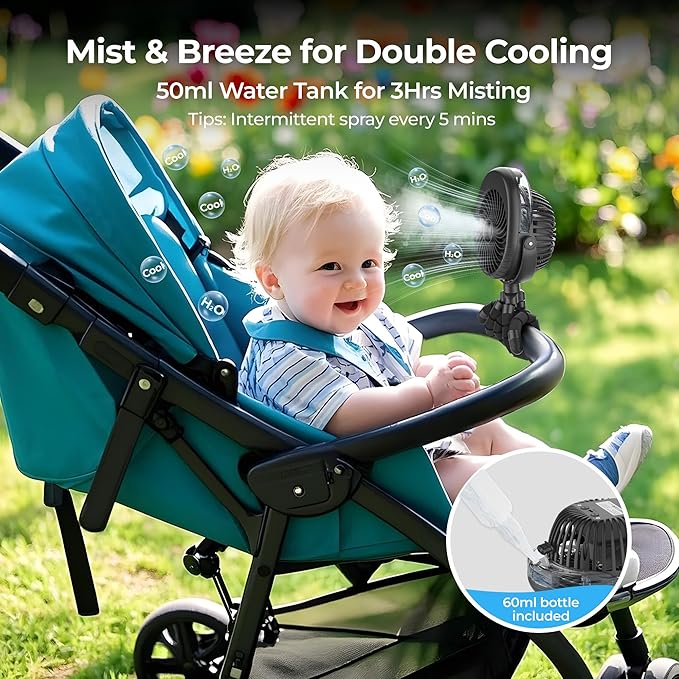 COMLIFE Misting Baby Stroller Fan, Rechargeable Battery Operated, 270° & 360° Pivoting, 50ml Portable Water Sprayer Misting Fan with Flexible Tripod Clip on Car Seat Crib Treadmill Bunk Bed-BubblyBeeBaby