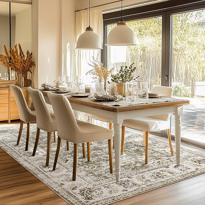 jinchan Vintage Floral 5x7 Area Rugs for Bedroom - Machine Washable Distressed Design Stain Resistant Boho Carpet Ultra-Thin Low Pile Non-Slip Rug for Living Room Dining Room Kitchen (5‘x7',Taupe)-BubblyBeeBaby