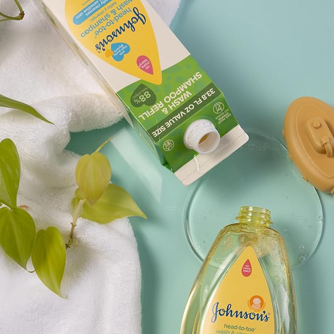 Johnson's Head-To-Toe Gentle Body Wash & Shampoo for Baby's Sensitive Skin & Hair, Tear-Free, Sulfate-Free & Hypoallergenic, Value Size Refill, 33.8 fl. oz (Pack of 2)-BubblyBeeBaby