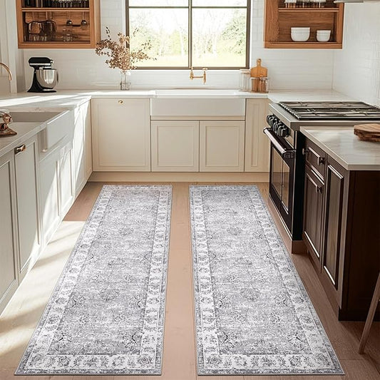jinchan Runner Rug 3x10-2pcs Kitchen Washable Vintage Hallway Rug Floral Print Floor Cover Indoor Thin Retro Mat Accent for Bathroom Laundry Room Bedroom Office Farmhouse (Double,Grey)-BubblyBeeBaby