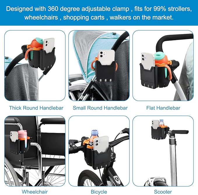 Accmor Stroller Cup Holder with Phone Holder, Universal Cup Holder, Bike Cup Holder, 360° Rotatable Large Caliber Drinks Holder for Stroller, Bike, Wheelchair, Walker-BubblyBeeBaby