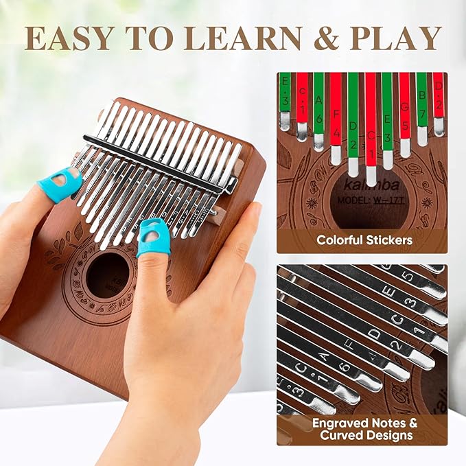 Kalimba Thumb Piano 17 Keys Instrument: Portable Mbira Finger Pianos Musical Gifts for Kids Adults Beginners - Mahogany Wood Handheld Piano with Tune Hammer, Music Book-BubblyBeeBaby