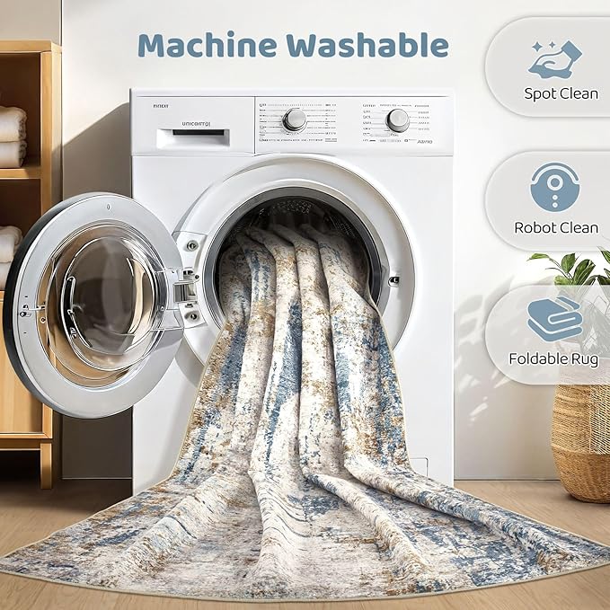 10x12 Area Rug Living Room: Washable Large Abstract Modern Soft Rugs Stain Resistant Indoor Floor Non Slip Accent Carpet for Bedroom Nursery Playroom Office Dining Room Dorm Home House- Tan Blue-BubblyBeeBaby