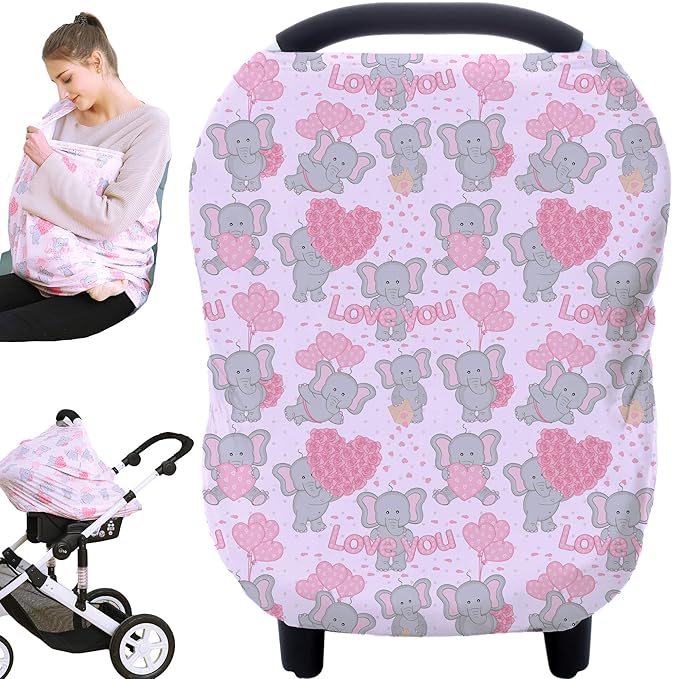 Baby Car Seat Covers, Carseat Canopy, Boys Girls Privacy Breastfeeding Cover (Cute Elephant)-BubblyBeeBaby