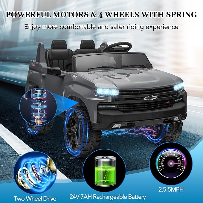 Hetoy 24V 2-Seater Truck Licensed Chevrolet Silverado Ride On Car Toy w/Parent Remote Control,4xSpring Suspension, 3 Speeds, Wireless Music, MP3 Player, Electric Vehicle Car for Kids,Grey-BubblyBeeBaby