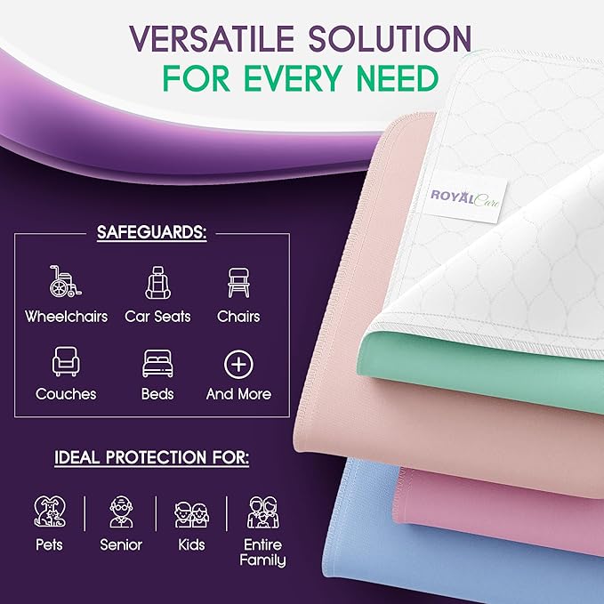 Incontinence Bed Pads - 4 Pack 34" x 36" Reusable Waterproof Mattress Protectors - Highly Absorbent, Machine Washable - for Children, Pets and Seniors - Multi Color - Royal Care-BubblyBeeBaby