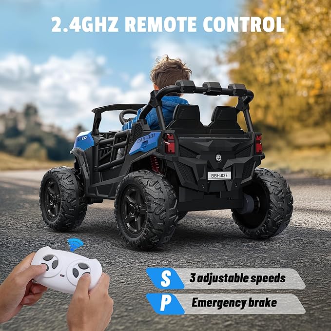 24V 2 Seater Ride on Car Truck, 4x200W, EVA Tires, 4WD/2WD, Remote Control, Rainbow Lights, Shock Absorbers, Bluetooth, Ride On UTV Toy for Kids Ages 3-8, Blue-BubblyBeeBaby