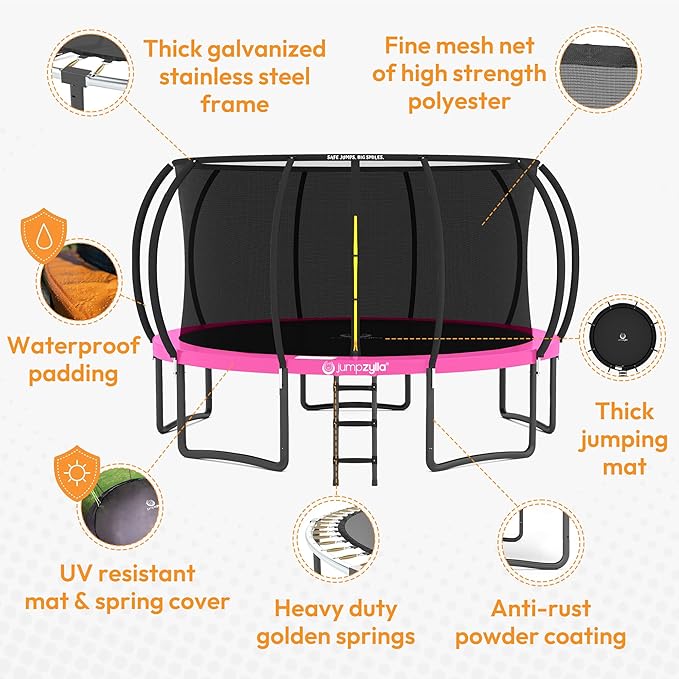 JUMPZYLLA Trampoline Outdoor 8FT 10FT 12FT 14FT 15FT 16FT with Enclosure and Ladder, ASTM Approved Recreational Trampoline for Kids and Adults, Anti-Rust Coated Frame-BubblyBeeBaby