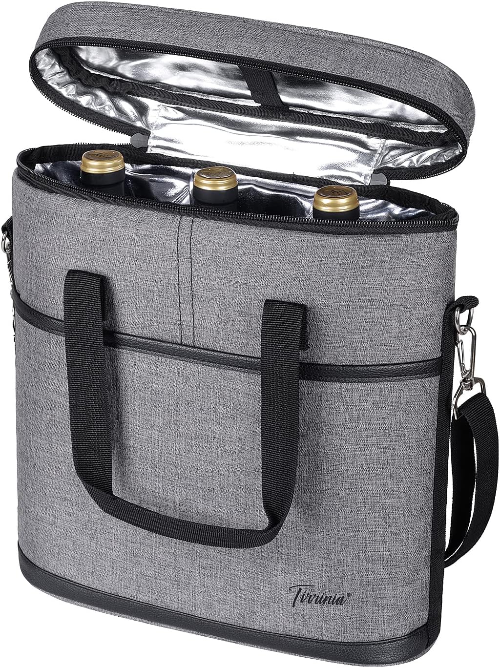Tirrinia Insulated Wine Gift carrier - 3 Bottle Travel Wine Carry Cooler Tote Bag with Handle and Adjustable Shoulder Strap, Grey