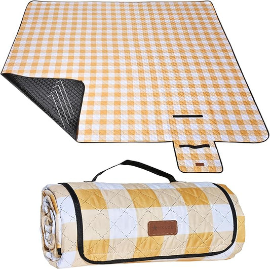 HX&OD Outdoor Picnic Blanket, Extra Large, 80''x60'' Waterproof Foldable Blankets Gingham Picnic Mat for Beach, Camping Grass Lawn Park Accessories Cute Couple Ideas Wedding (Yellow, 80”x60”)-BubblyBeeBaby