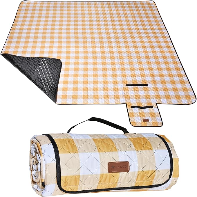 HX&OD Outdoor Picnic Blanket, Extra Large, 80''x80'' Waterproof Foldable Blankets Gingham Picnic Mat for Beach, Camping Grass Lawn Park Accessories Cute Couple Ideas Wedding (Yellow, 80”x80”)-BubblyBeeBaby