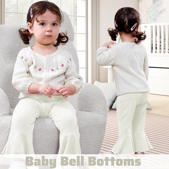 2 Pack Toddler Baby Girl Pants Flare Leggings Ribbed Knit Newborn Bell Bottoms Solid Ruffle Infant Pants for Girls-BubblyBeeBaby