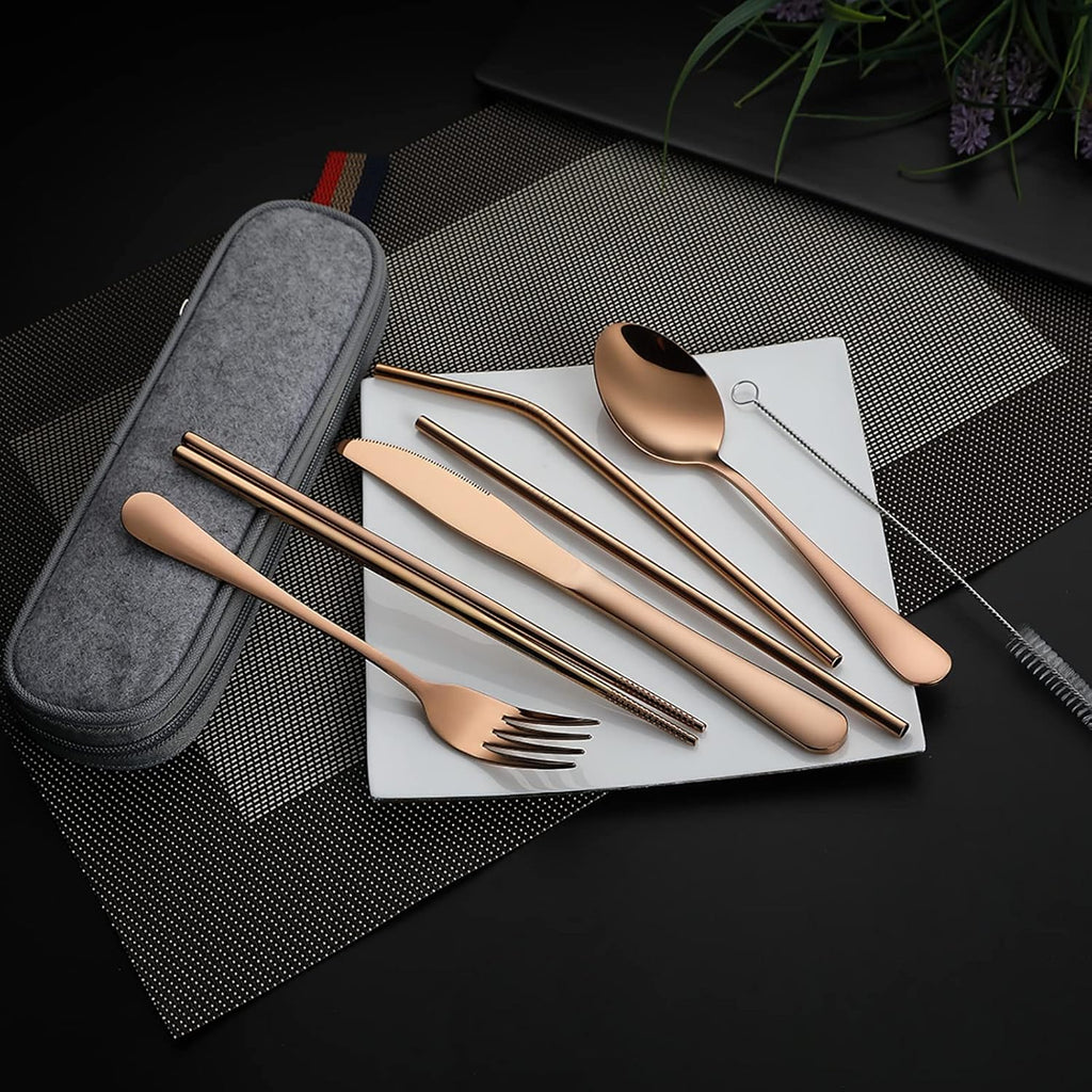 DEVICO Portable Utensils, Travel Camping Cutlery Set, 8-Piece including Knife Fork Spoon Chopsticks Cleaning Brush Straws Portable Case, Stainless Steel Flatware set (Rose Gold)