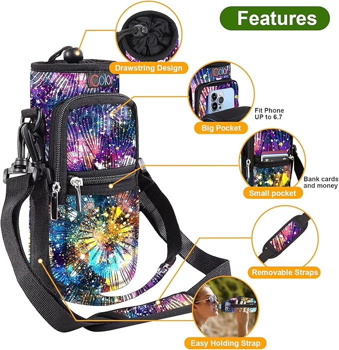 icolor Water Bottle Carrier Bag with Strap 25/32/40 oz Crossbody Bottle Holder with Phone Pocket Sling Sleeve Insulated Neoprene Water Bottle Pouch for Walking Travelling-BubblyBeeBaby